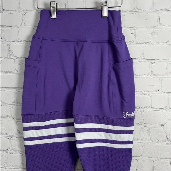 BOMBSHELL Sportswear Perform Purple with White Stripe Leggings size medium - Picture 4 of 8